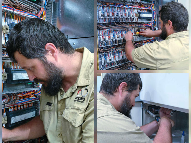 Series of close-up shots of a Trions technician connecting wiring inside a control panel and working under a cabinet.