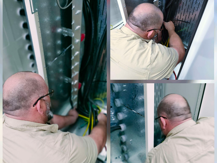 Close-up sequence of a Trions Electrical technician wiring cables inside a metal switchboard cabinet.