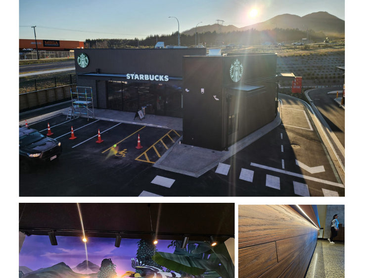 Collage of Trions Electrical’s commercial fit-out at a Starbucks site, showing exterior and interior finishes.